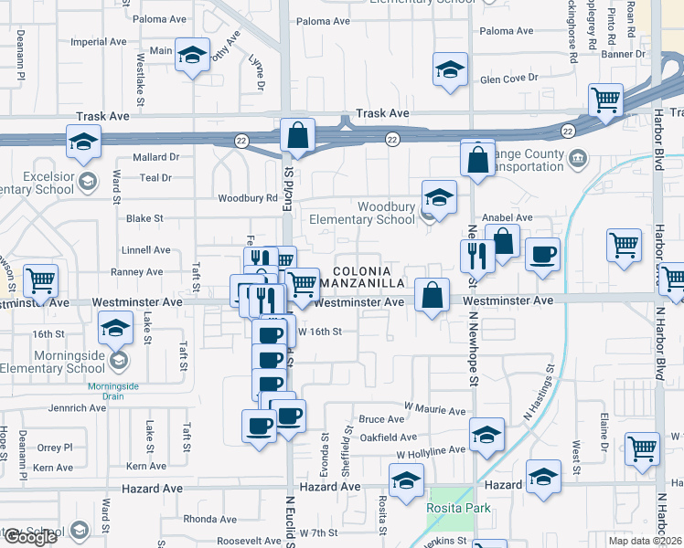 map of restaurants, bars, coffee shops, grocery stores, and more near 13931 La Bonita Street in Garden Grove