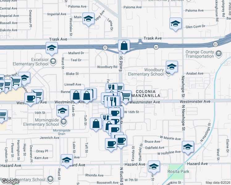 map of restaurants, bars, coffee shops, grocery stores, and more near 10912 Ranney Avenue in Garden Grove