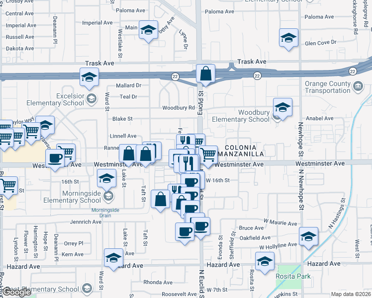map of restaurants, bars, coffee shops, grocery stores, and more near 10912 Ranney Avenue in Garden Grove