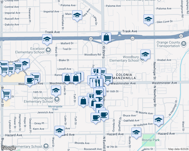 map of restaurants, bars, coffee shops, grocery stores, and more near 10912 Ranney Avenue in Garden Grove
