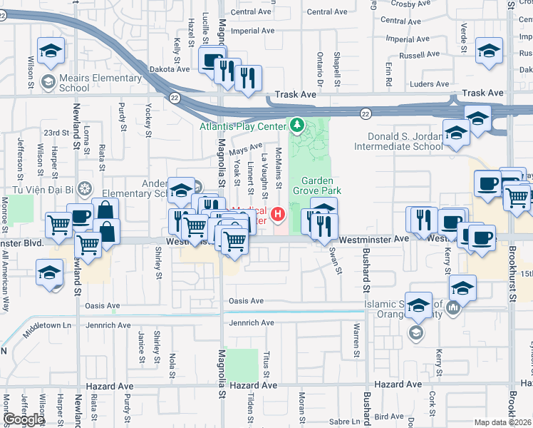 map of restaurants, bars, coffee shops, grocery stores, and more near 9192 Ingram Avenue in Garden Grove