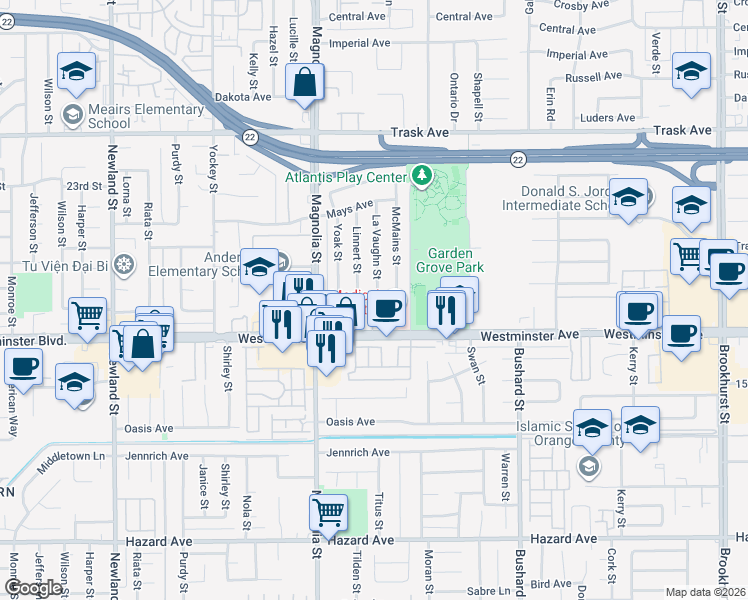 map of restaurants, bars, coffee shops, grocery stores, and more near 9143 Westminster Boulevard in Garden Grove