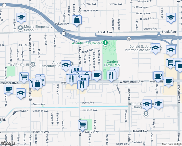 map of restaurants, bars, coffee shops, grocery stores, and more near 9143 Westminster Boulevard in Garden Grove