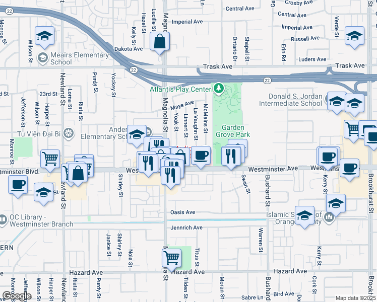 map of restaurants, bars, coffee shops, grocery stores, and more near 9143 Westminster Boulevard in Garden Grove