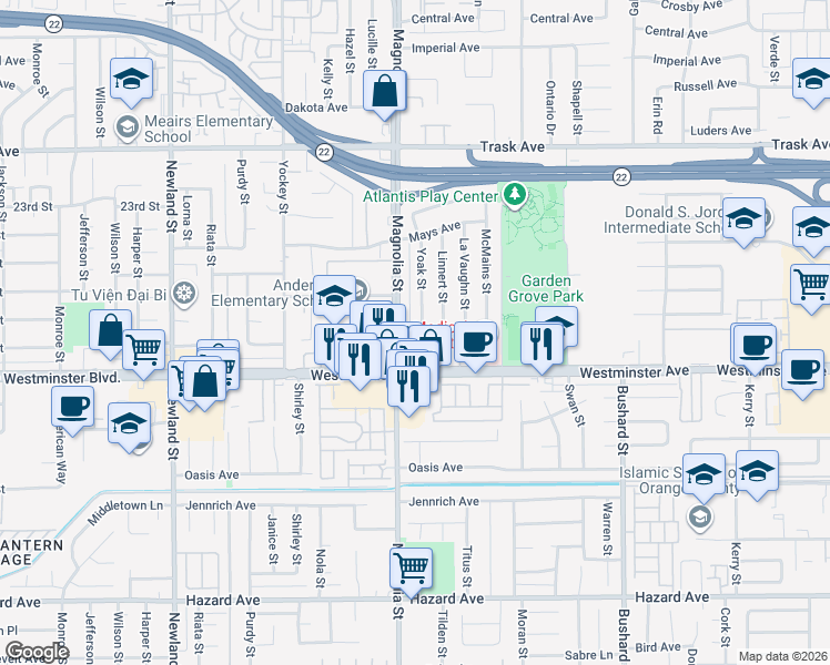 map of restaurants, bars, coffee shops, grocery stores, and more near 13912 Magnolia Street in Garden Grove