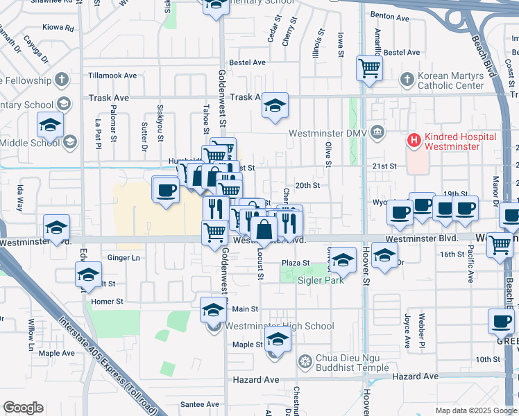 map of restaurants, bars, coffee shops, grocery stores, and more near 13872 Locust Street in Westminster