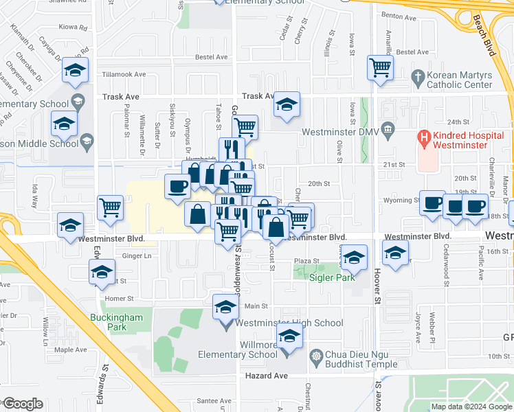 map of restaurants, bars, coffee shops, grocery stores, and more near 13900 Goldenwest Street in Westminster