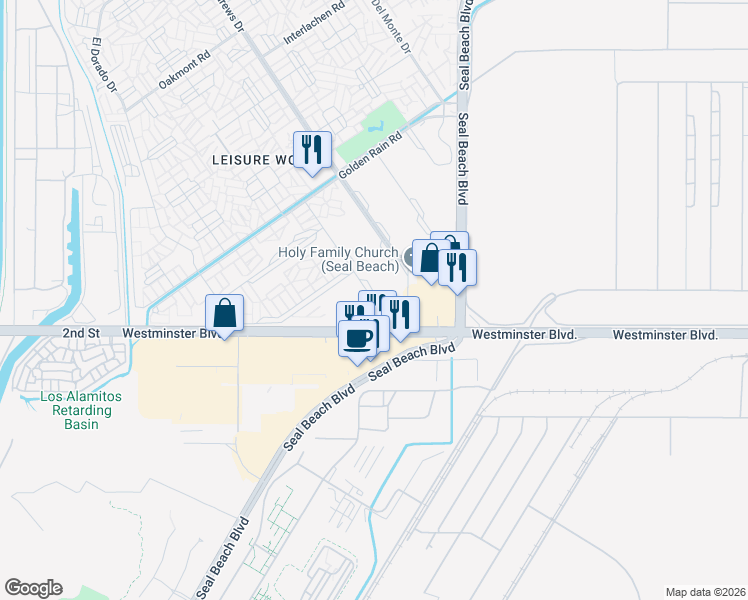 map of restaurants, bars, coffee shops, grocery stores, and more near 13960 Thunderbird Drive in Seal Beach