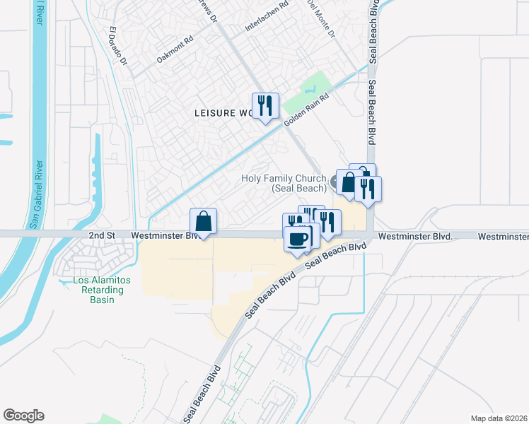 map of restaurants, bars, coffee shops, grocery stores, and more near 1580 Monterey Road in Seal Beach