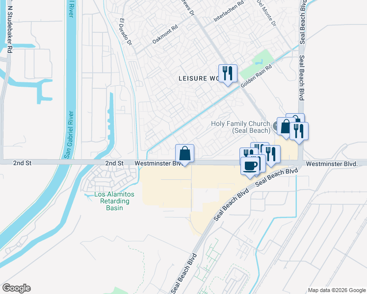 map of restaurants, bars, coffee shops, grocery stores, and more near 13962 El Dorado Drive in Seal Beach