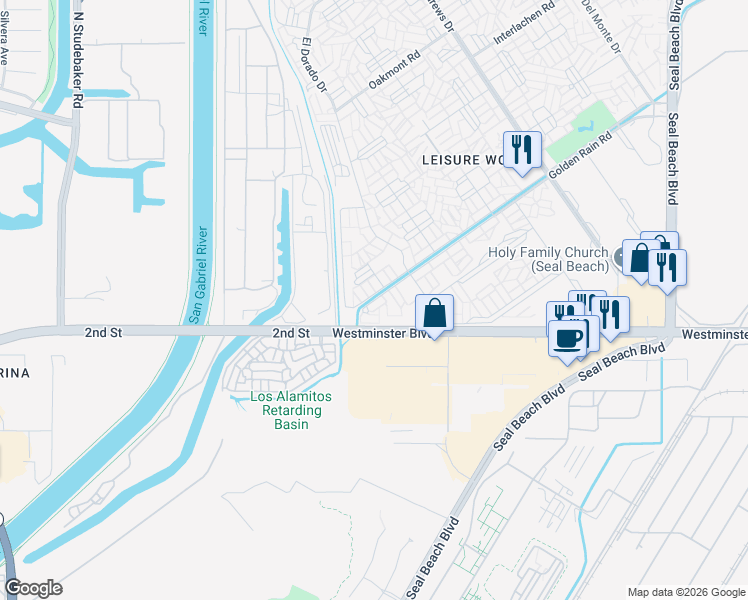 map of restaurants, bars, coffee shops, grocery stores, and more near 1232 Golden Rain Road in Seal Beach