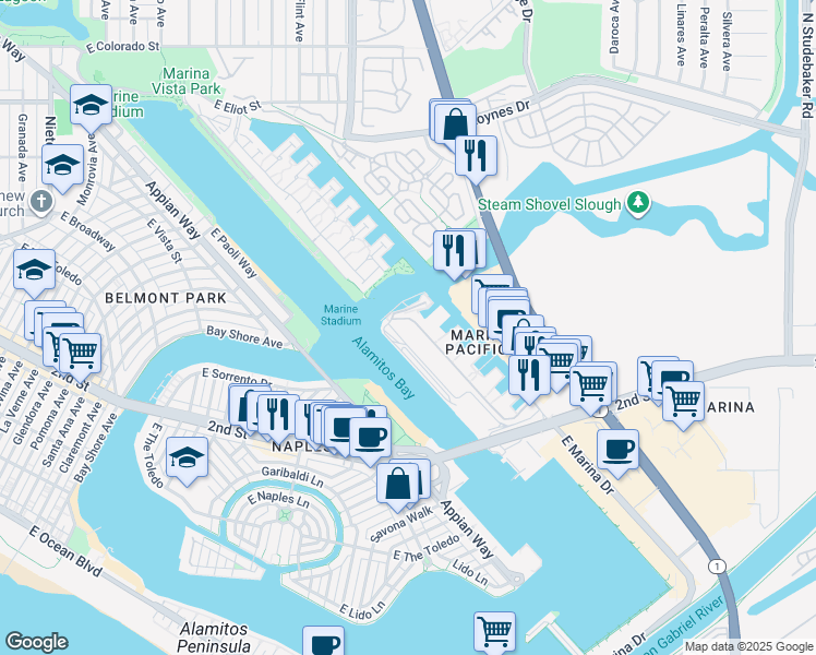map of restaurants, bars, coffee shops, grocery stores, and more near 5129 Marina Pacifica Drive in Long Beach