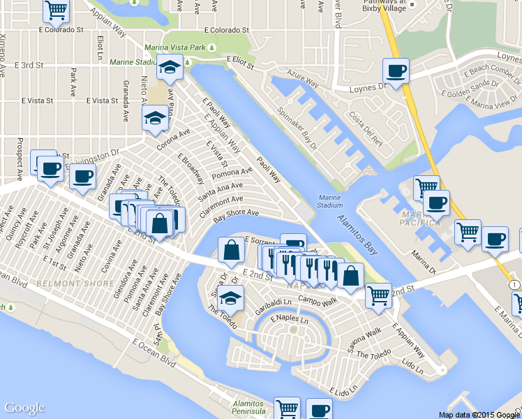 map of restaurants, bars, coffee shops, grocery stores, and more near 353 Bay Shore Avenue in Long Beach