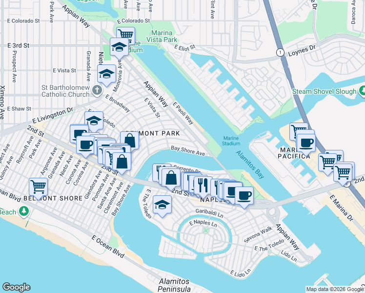 map of restaurants, bars, coffee shops, grocery stores, and more near 353 Bay Shore Avenue in Long Beach