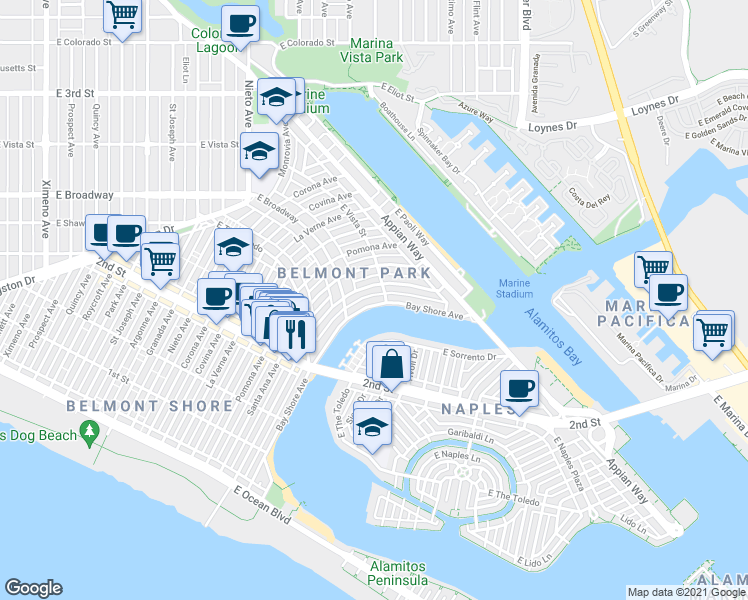 map of restaurants, bars, coffee shops, grocery stores, and more near 271 Bay Shore Avenue in Long Beach