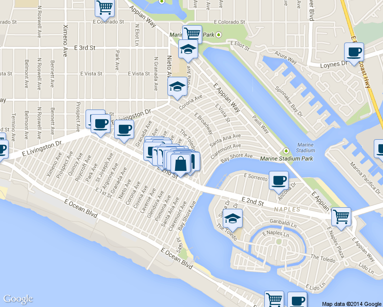 map of restaurants, bars, coffee shops, grocery stores, and more near 234 Pomona Avenue in Long Beach