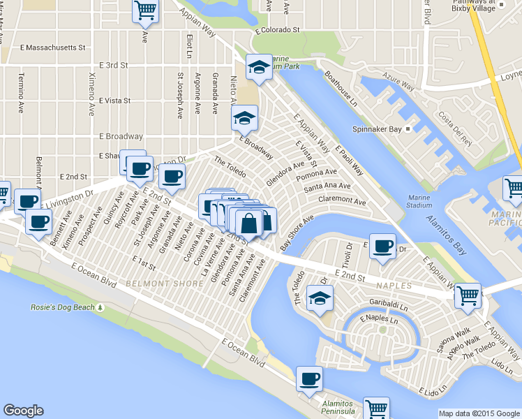 map of restaurants, bars, coffee shops, grocery stores, and more near 234 Pomona Avenue in Long Beach