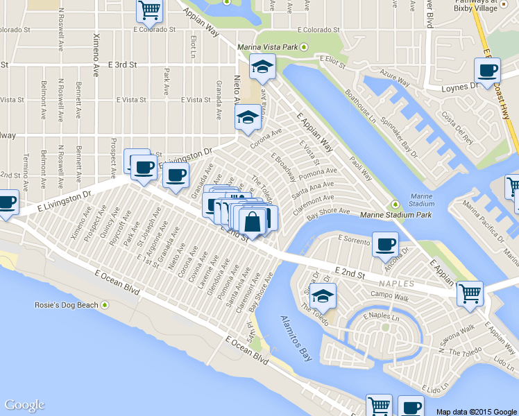 map of restaurants, bars, coffee shops, grocery stores, and more near 234 Pomona Avenue in Long Beach