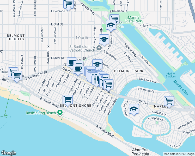 map of restaurants, bars, coffee shops, grocery stores, and more near 204 Corona Avenue in Long Beach