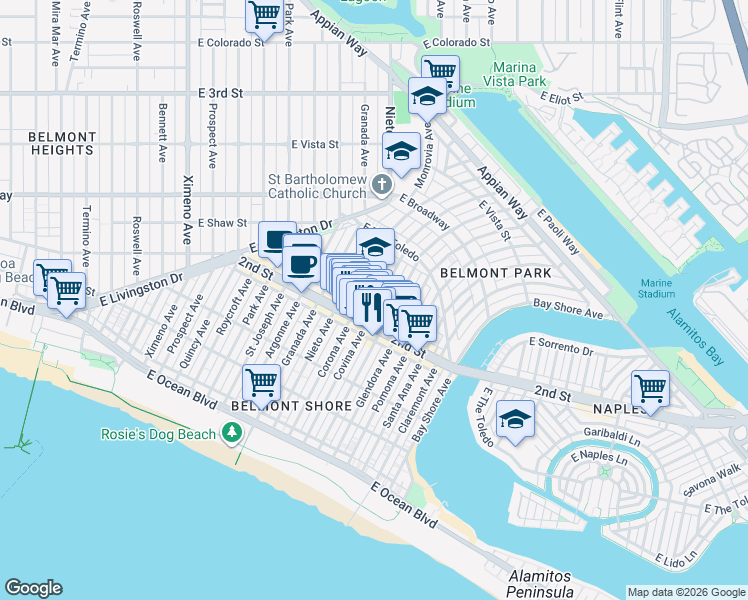 map of restaurants, bars, coffee shops, grocery stores, and more near 204 Corona Avenue in Long Beach