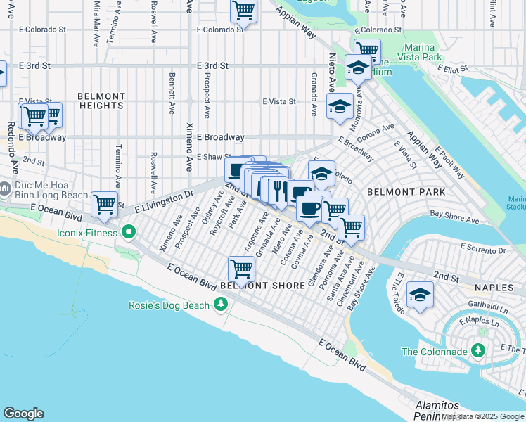 map of restaurants, bars, coffee shops, grocery stores, and more near 5016 2nd Street in Long Beach