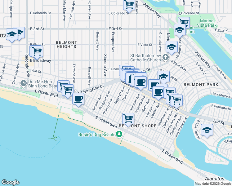 map of restaurants, bars, coffee shops, grocery stores, and more near 149 Roycroft Avenue in Long Beach