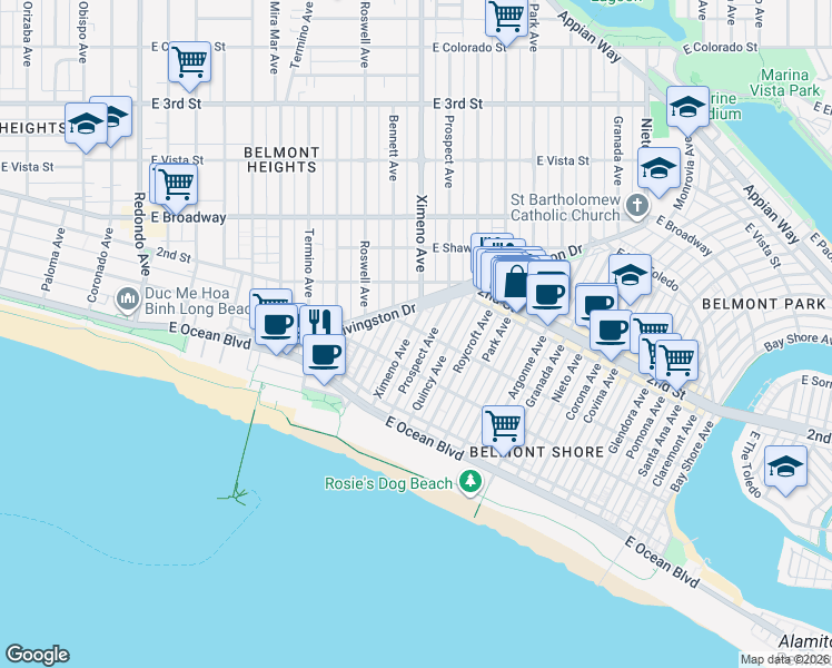 map of restaurants, bars, coffee shops, grocery stores, and more near in Long Beach