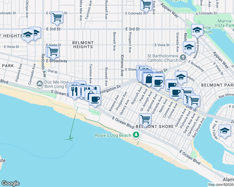 map of restaurants, bars, coffee shops, grocery stores, and more near 125 Ximeno Avenue in Long Beach