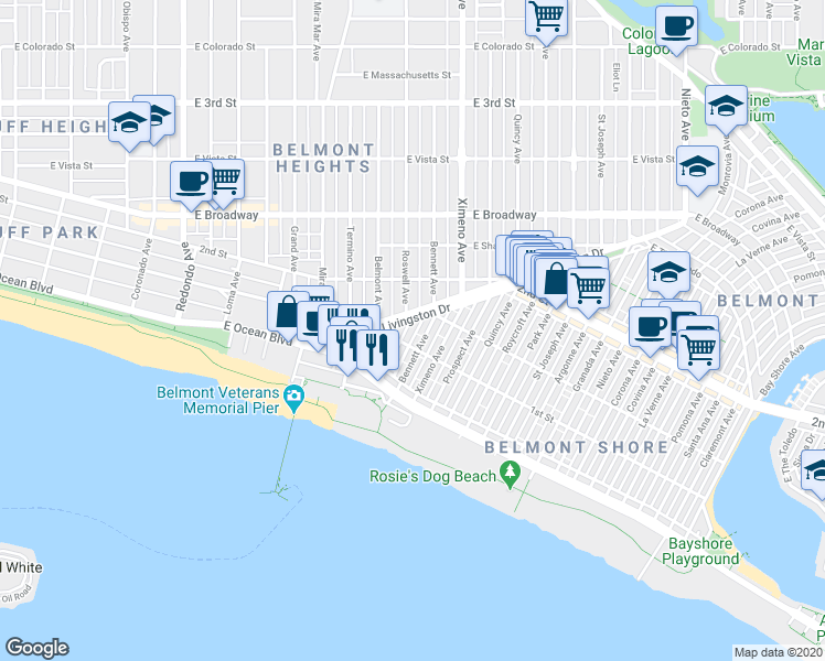 map of restaurants, bars, coffee shops, grocery stores, and more near 113A Bennett Avenue in Long Beach