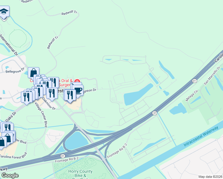 map of restaurants, bars, coffee shops, grocery stores, and more near 44 Hinson Drive in Myrtle Beach