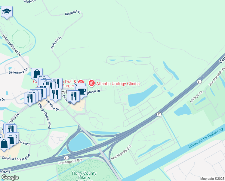 map of restaurants, bars, coffee shops, grocery stores, and more near 44 Hinson Drive in Myrtle Beach