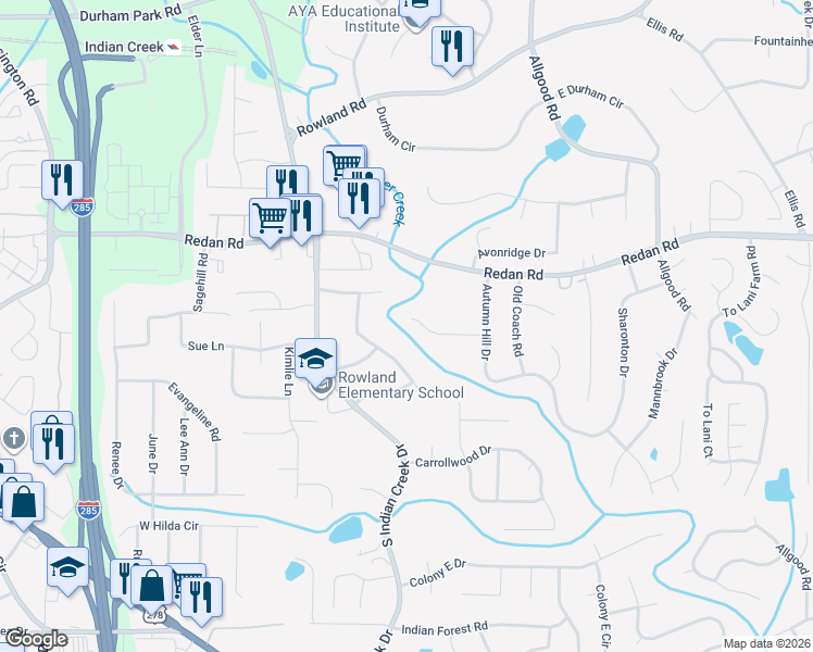 map of restaurants, bars, coffee shops, grocery stores, and more near 4199 Autumn Woods Court in Stone Mountain