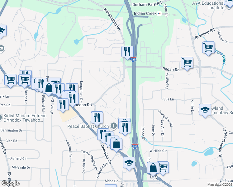 map of restaurants, bars, coffee shops, grocery stores, and more near 1233 Winston Drive in Decatur