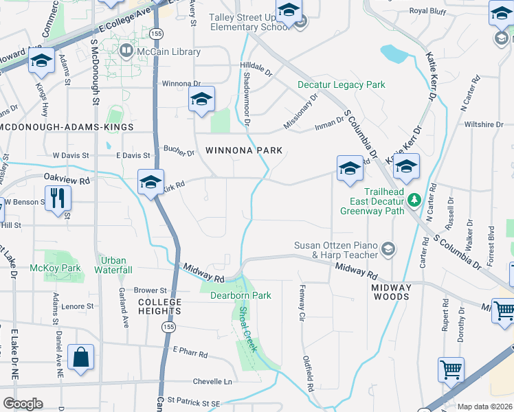 map of restaurants, bars, coffee shops, grocery stores, and more near 2522 McKinnon Drive in Decatur
