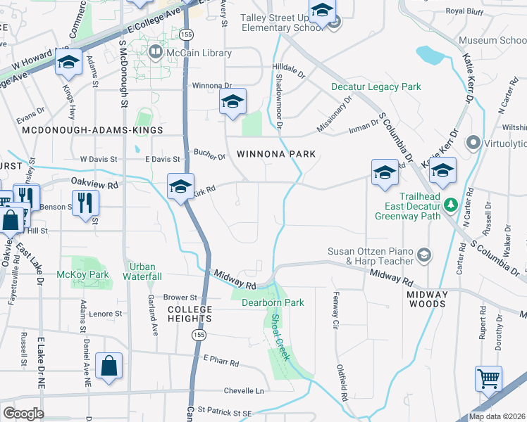 map of restaurants, bars, coffee shops, grocery stores, and more near 409 Mimosa Drive in Decatur