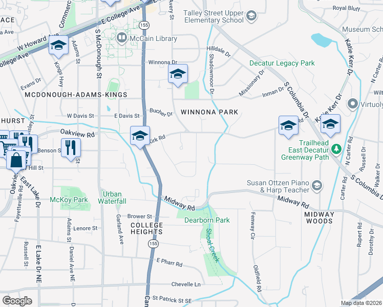 map of restaurants, bars, coffee shops, grocery stores, and more near 409 Mimosa Drive in Decatur