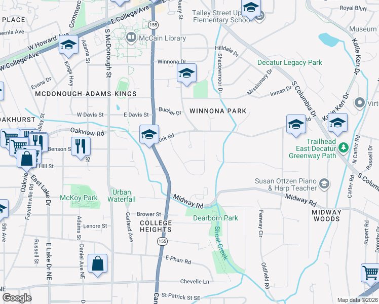 map of restaurants, bars, coffee shops, grocery stores, and more near 116 Mimosa Place in Decatur