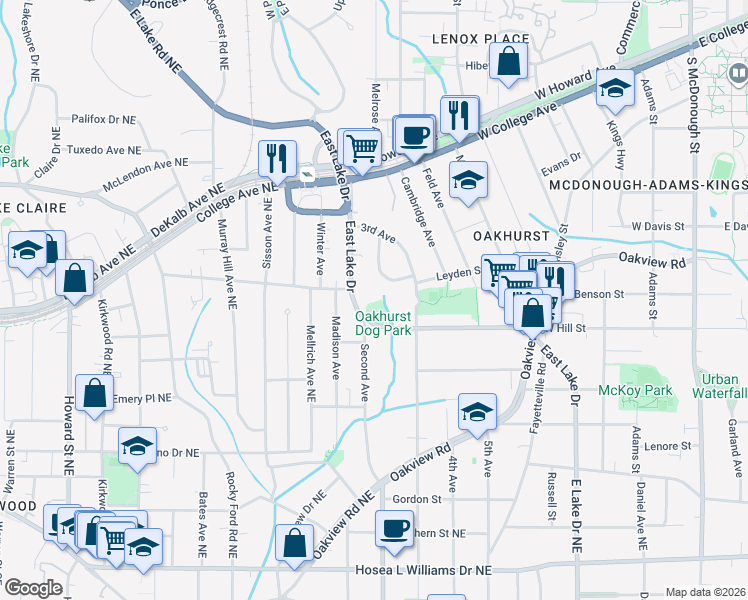 map of restaurants, bars, coffee shops, grocery stores, and more near 316 East Lake Drive in Decatur