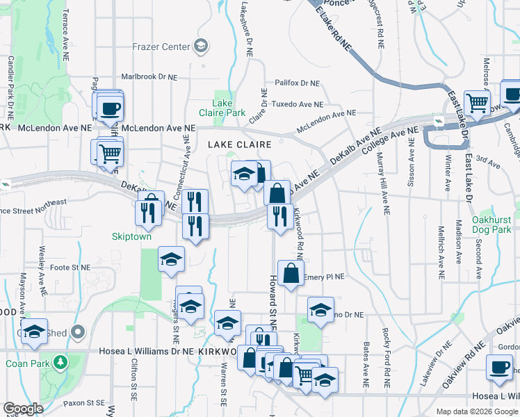 map of restaurants, bars, coffee shops, grocery stores, and more near Southerland Terrace Northeast in Atlanta