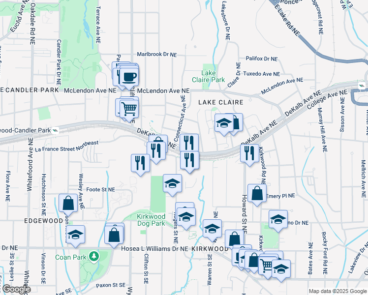 map of restaurants, bars, coffee shops, grocery stores, and more near 1802 DeKalb Avenue Northeast in Atlanta