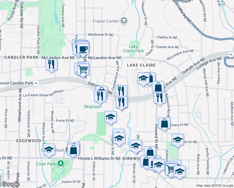 map of restaurants, bars, coffee shops, grocery stores, and more near 1802 DeKalb Avenue Northeast in Atlanta