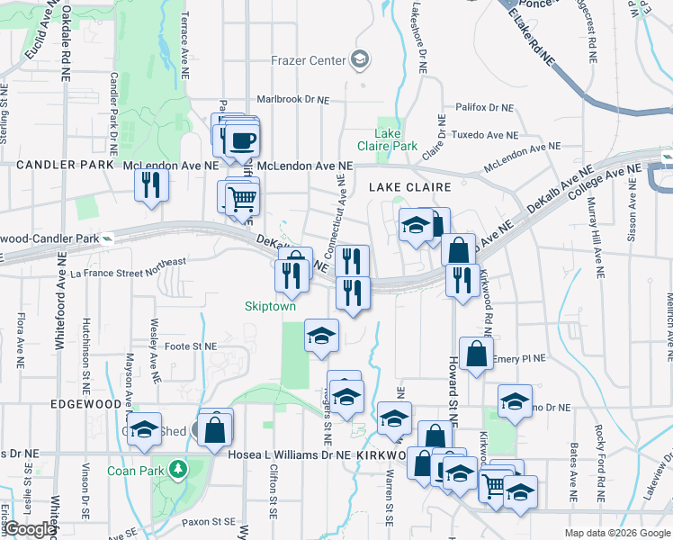 map of restaurants, bars, coffee shops, grocery stores, and more near 1802 DeKalb Avenue Northeast in Atlanta