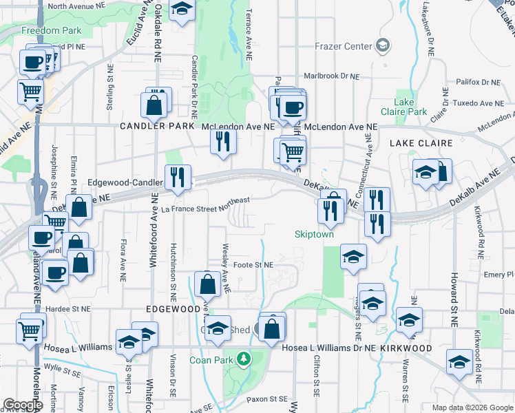 map of restaurants, bars, coffee shops, grocery stores, and more near 327 Carlyle Park Drive in Atlanta