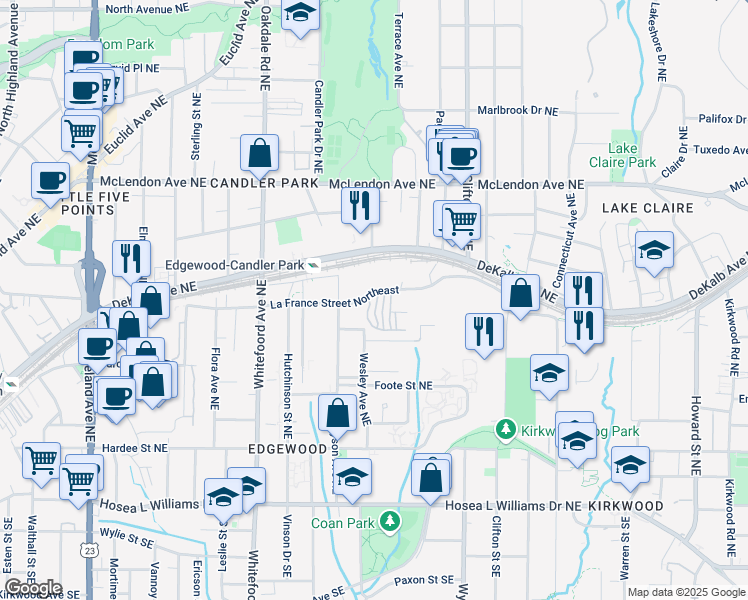 map of restaurants, bars, coffee shops, grocery stores, and more near 225 Carlyle Park Drive in Atlanta