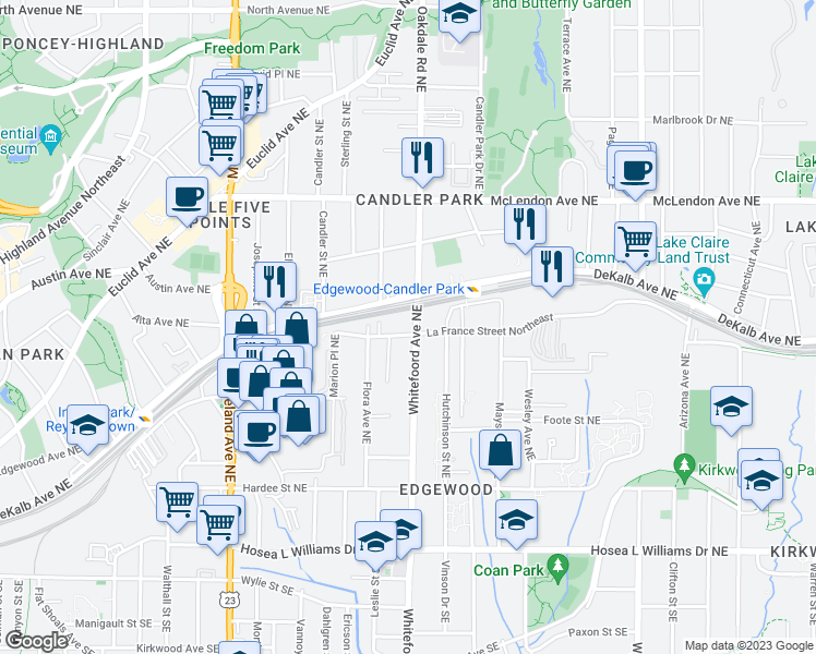 map of restaurants, bars, coffee shops, grocery stores, and more near 1388 La France Street Northeast in Atlanta