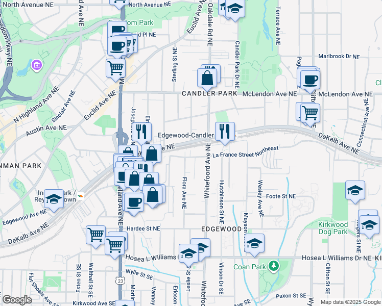 map of restaurants, bars, coffee shops, grocery stores, and more near 1350a La France Street Northeast in Atlanta
