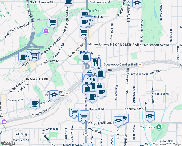 map of restaurants, bars, coffee shops, grocery stores, and more near 1210 DeKalb Avenue Northeast in Atlanta