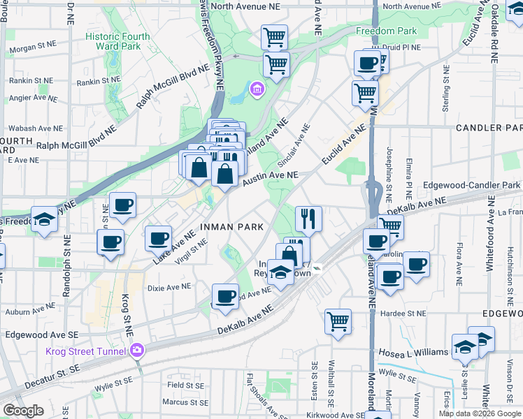 map of restaurants, bars, coffee shops, grocery stores, and more near 957 Waverly Way Northeast in Atlanta