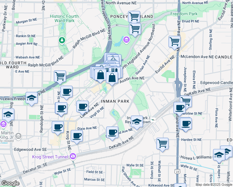 map of restaurants, bars, coffee shops, grocery stores, and more near 926 Waverly Way Northeast in Atlanta