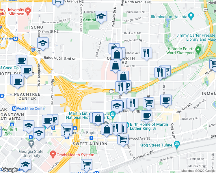map of restaurants, bars, coffee shops, grocery stores, and more near 6636 Georgia 10 in Atlanta